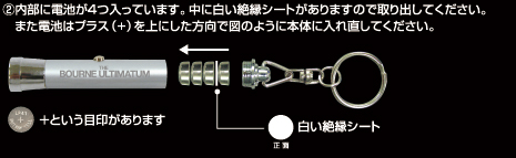 2)内部に電池が4つ入っています。中に白い絶縁シートがありますので取り出してください。また電池はプラス（+）を上にした方向で図のように本体に入れ直してください。